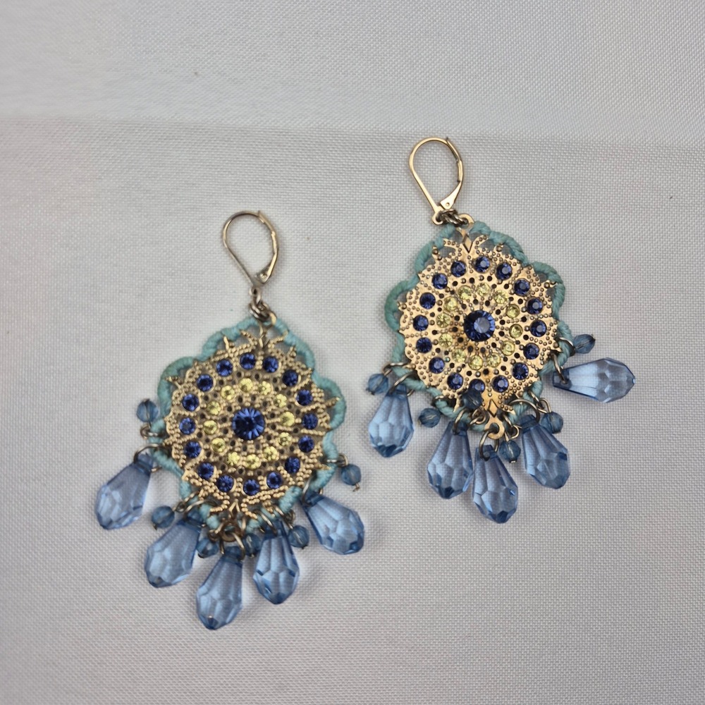 Blue Beaded Gypsy Bohemian Earrings‎ 3.5" Gold Filigree Dangle Festival Jewelry